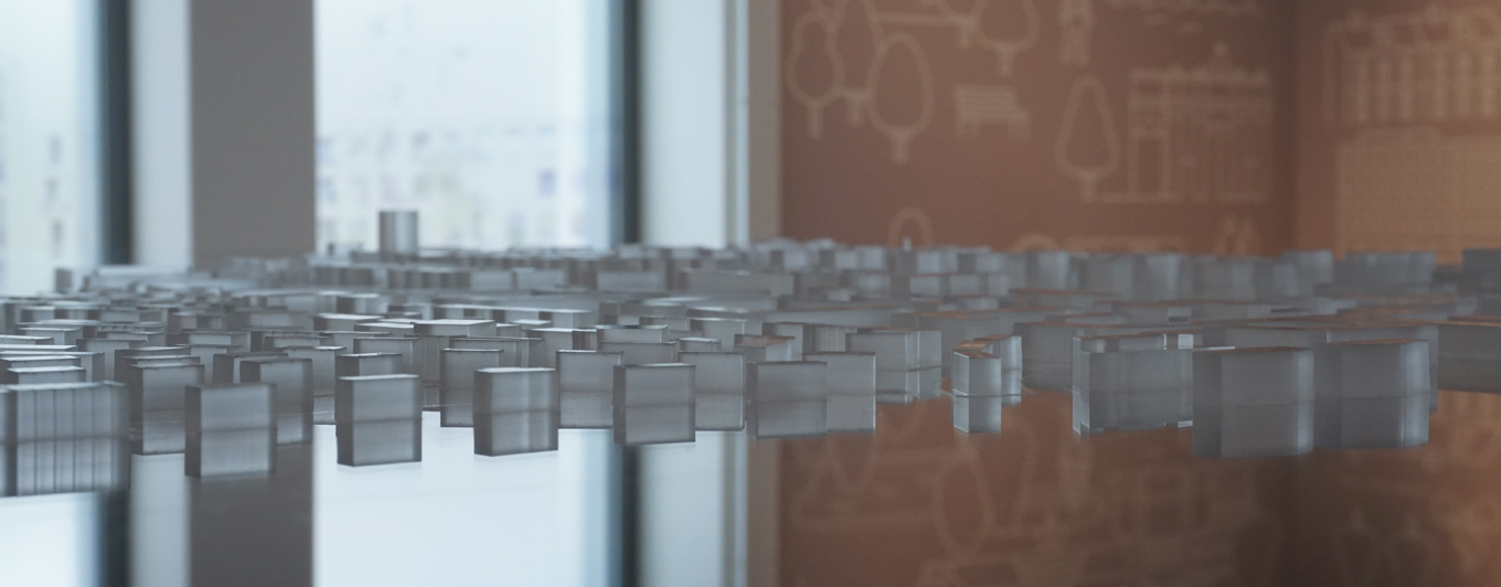 Modellansicht, Froschperspektive zwischen den Gebäuden